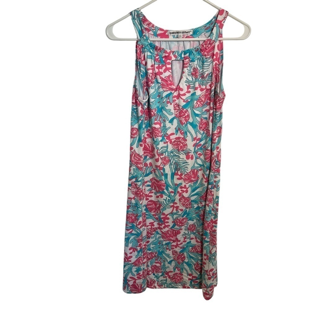 Barbara Gerwit Women's Size Large Sleeveless Dress Pink Blue Coral Keyhole Neck